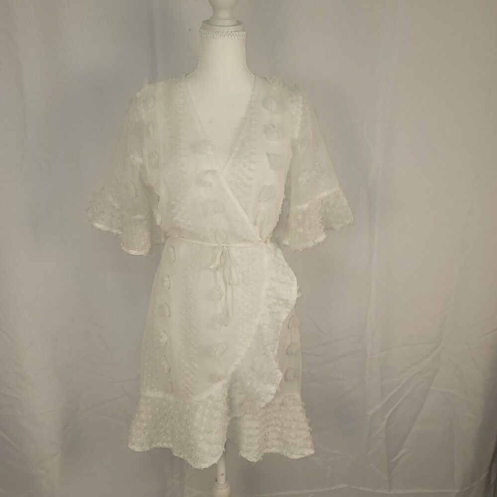 NWT DAO Chloe Dao Pom Pom Wrap Dress Cream White Ruffle V-Neck Mini Bridal Sz L